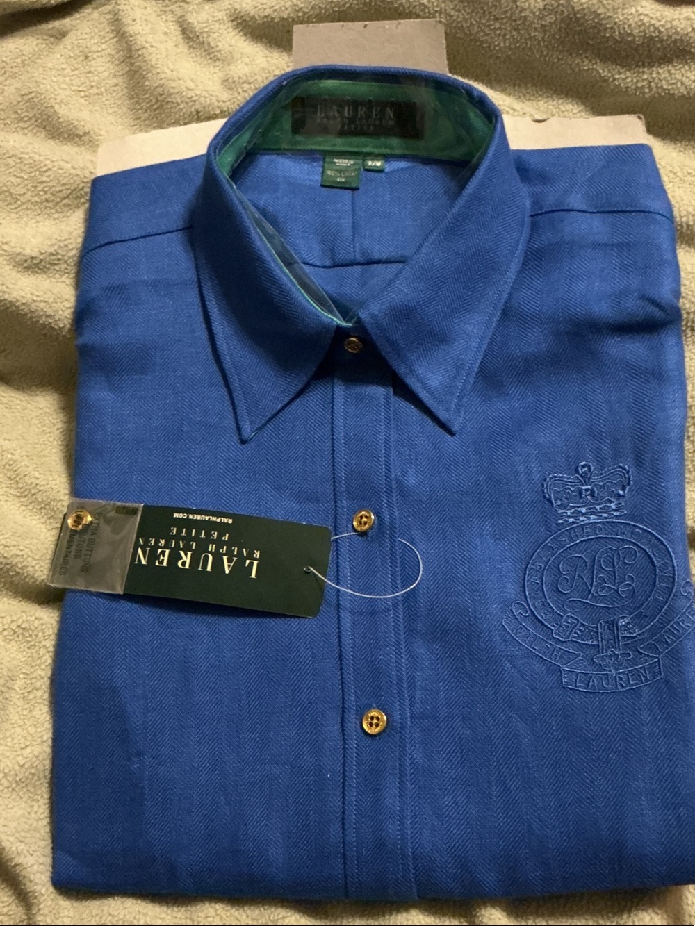 Lauren Ralph Lauren Blue Button-Front Shirt with Embroidered Crest- 3/4 Sleeve